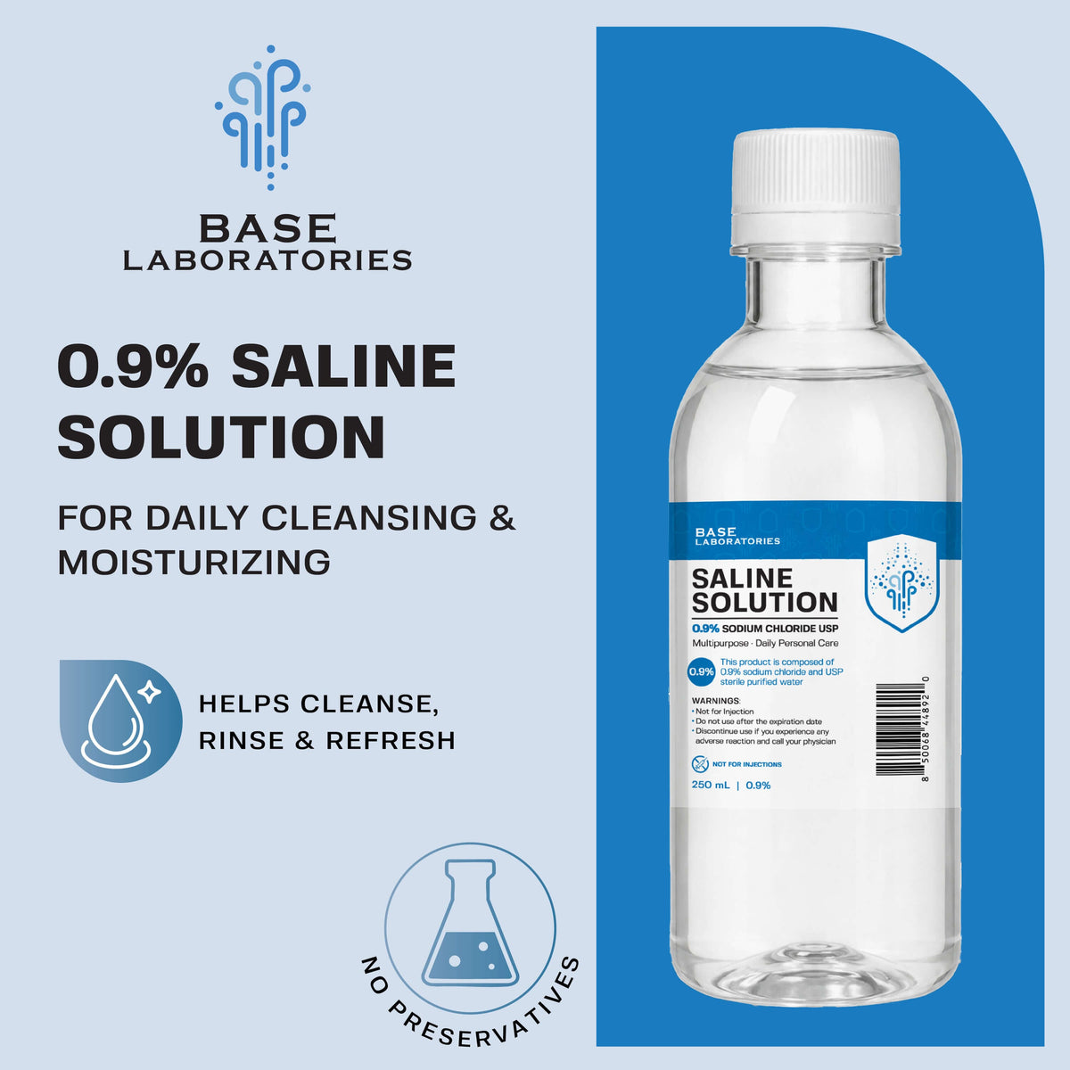 0.9% Saline Solution, 250 ml Resealable Bottle Inhalation Base Laboratories 