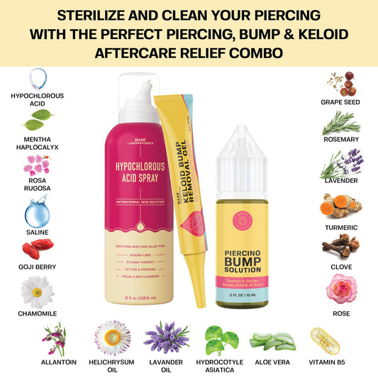 Base Laboratories Piercing Bump Care Bundle | Fast Keloid & Bump Removal | Best-Selling Bump Oil + Scar Gel + Hypochlorous Spray for Piercing Aftercare! Bundle Base Laboratories 