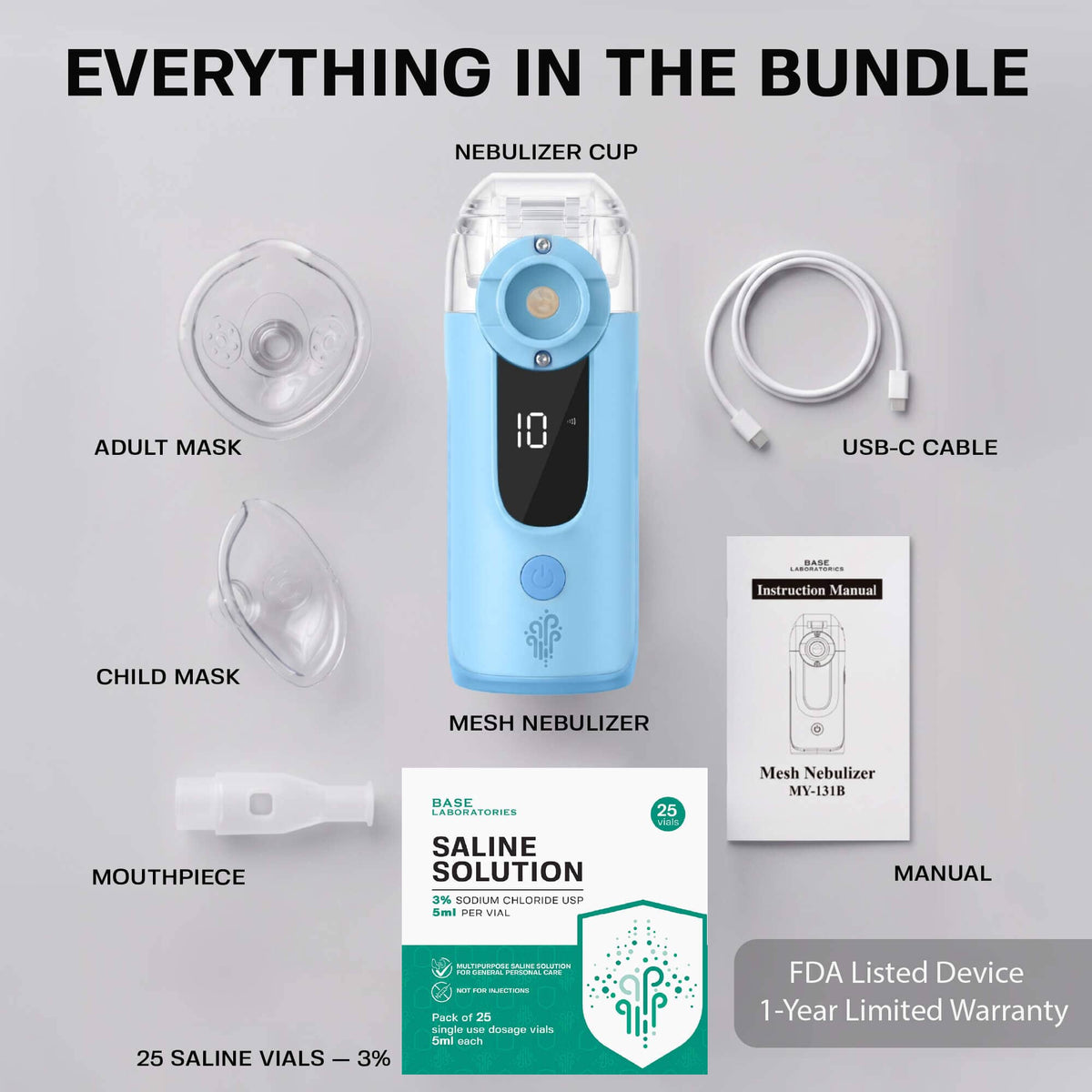 Mesh Nebulizer + 3% Hypertonic Saline Vials Bundle — Portable Fine Mist Device with 25 Single-Use Vials Base Laboratories 
