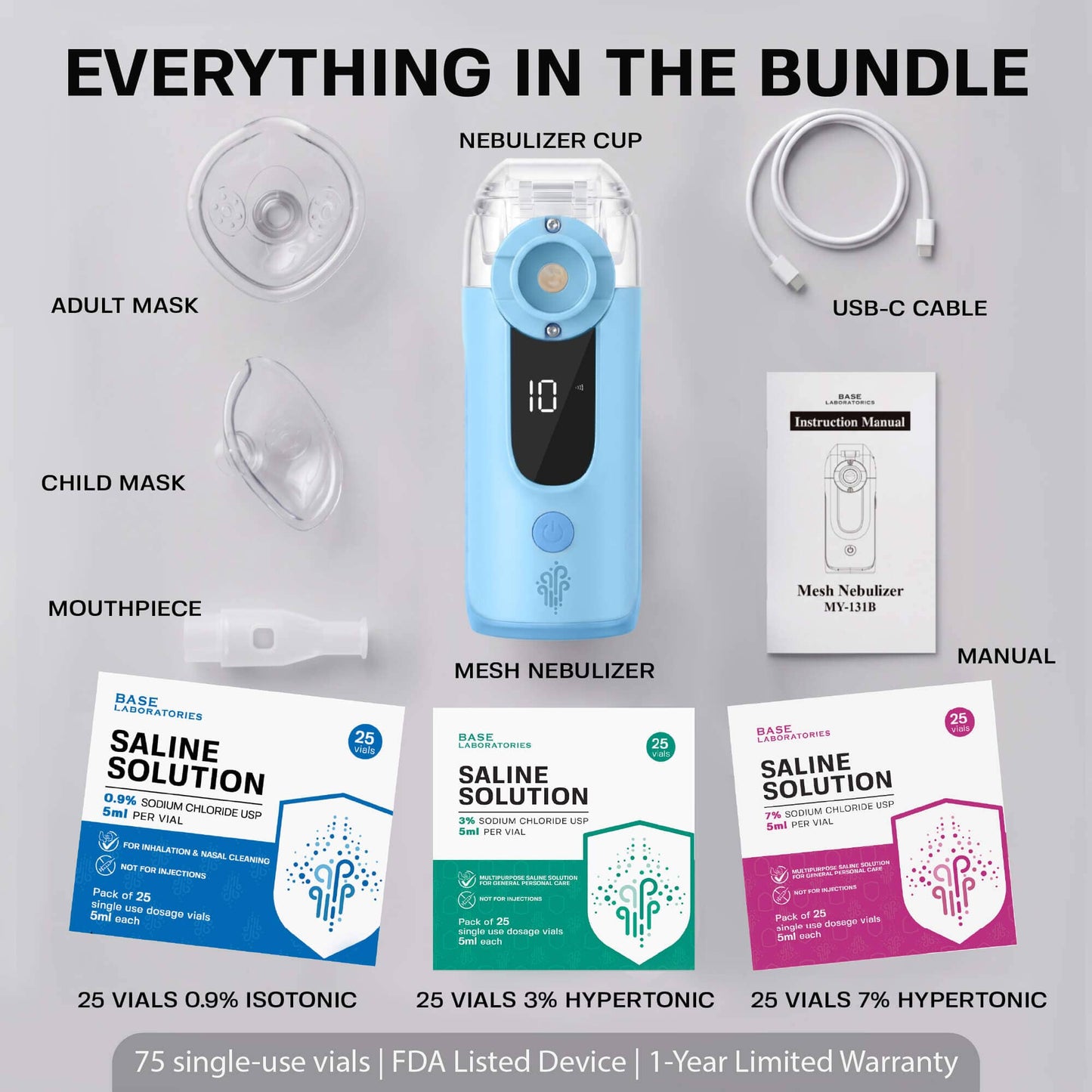 Mesh Nebulizer Complete Set — Portable Fine Mist Device with 0.9%, 3% and 7% Saline Vials | 75 Vials Base Laboratories 