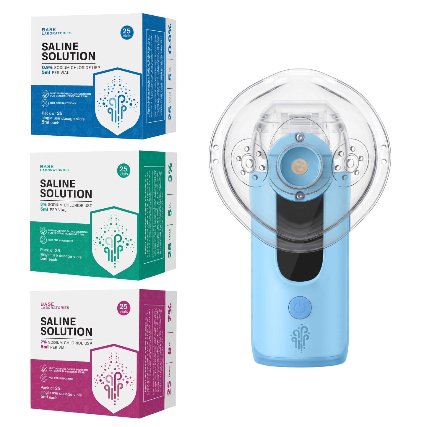 Mesh Nebulizer Complete Set — Portable Fine Mist Device with 0.9%, 3% and 7% Saline Vials | 75 Vials Base Laboratories 