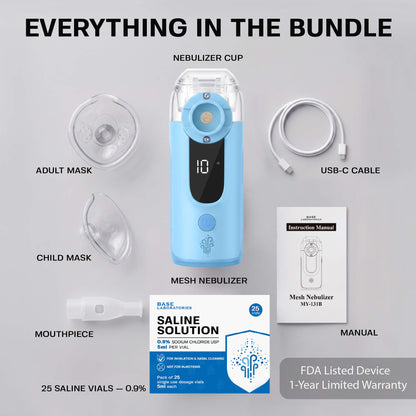 Mesh Nebulizer + 0.9% Saline Vials Bundle — Portable Fine Mist Device with 25 Single-Use Vials