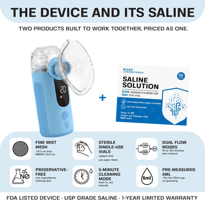 Mesh Nebulizer + 0.9% Saline Vials Bundle — Portable Fine Mist Device with 25 Single-Use Vials