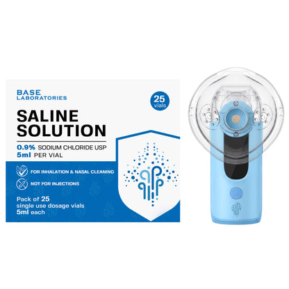 Mesh Nebulizer + 0.9% Saline Vials Bundle — Portable Fine Mist Device with 25 Single-Use Vials