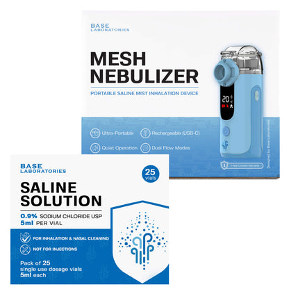 Mesh Nebulizer + 0.9% Saline Vials Bundle — Portable Fine Mist Device with 25 Single-Use Vials
