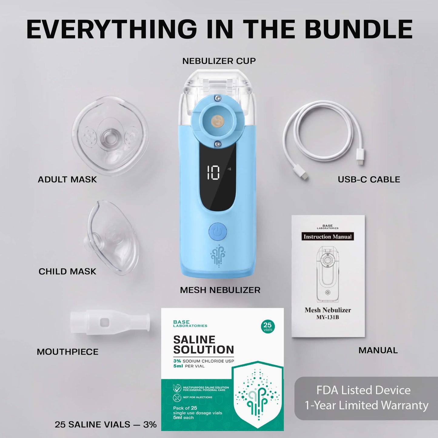Mesh Nebulizer + 3% Hypertonic Saline Vials Bundle — Portable Fine Mist Device with 25 Single-Use Vials