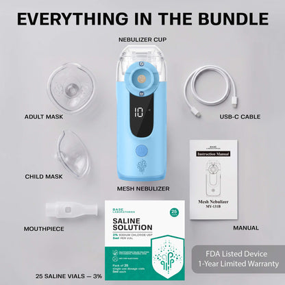 Mesh Nebulizer + 3% Hypertonic Saline Vials Bundle — Portable Fine Mist Device with 25 Single-Use Vials