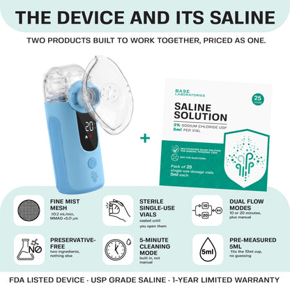 Mesh Nebulizer + 3% Hypertonic Saline Vials Bundle — Portable Fine Mist Device with 25 Single-Use Vials