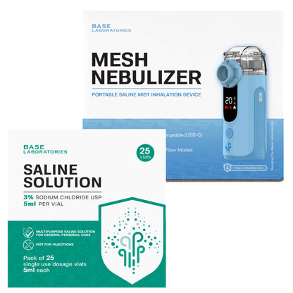 Mesh Nebulizer + 3% Hypertonic Saline Vials Bundle — Portable Fine Mist Device with 25 Single-Use Vials