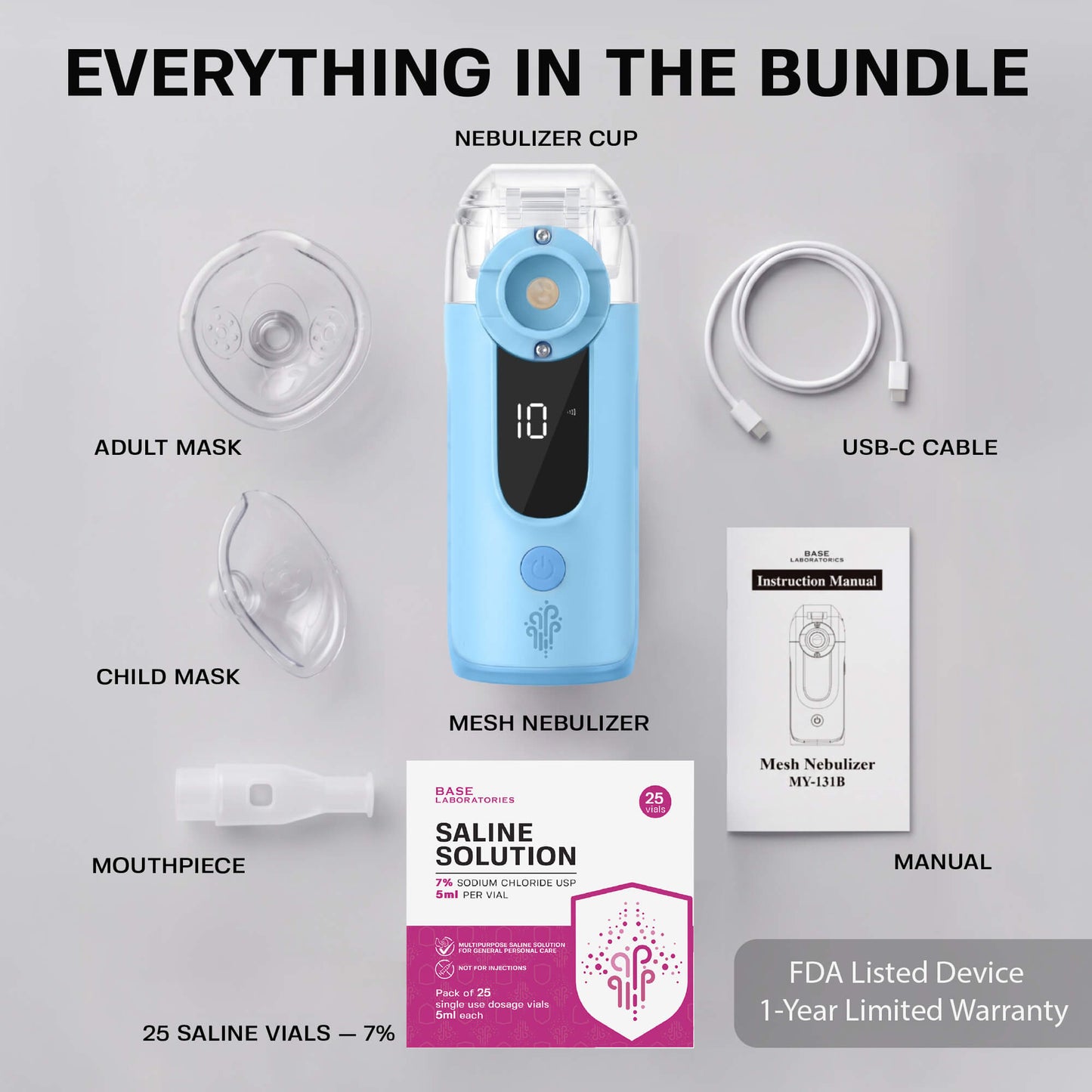 Mesh Nebulizer + 7% Hypertonic Saline Vials Bundle — Portable Fine Mist Device with 25 Single-Use Vials