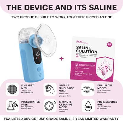 Mesh Nebulizer + 7% Hypertonic Saline Vials Bundle — Portable Fine Mist Device with 25 Single-Use Vials