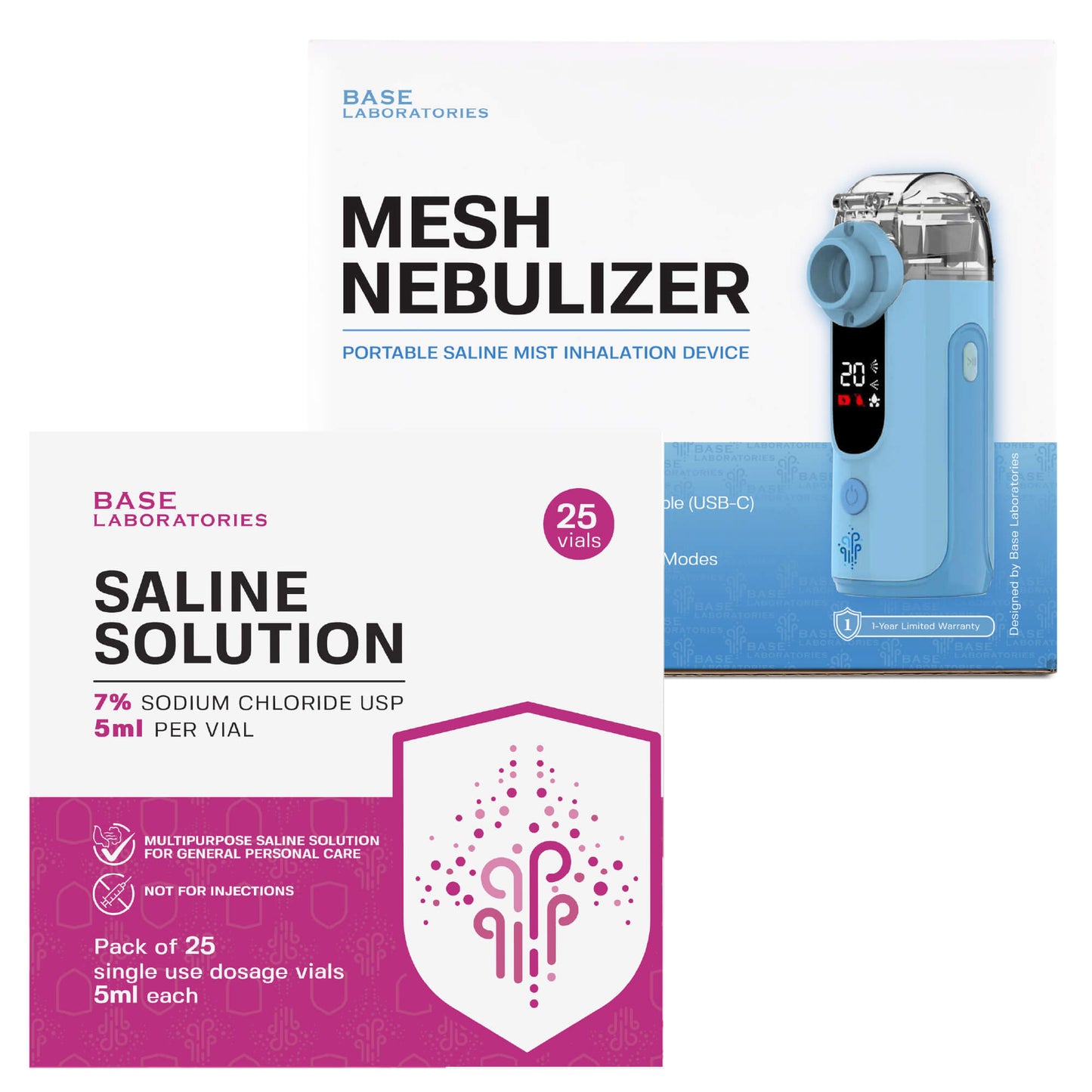 Mesh Nebulizer + 7% Hypertonic Saline Vials Bundle — Portable Fine Mist Device with 25 Single-Use Vials