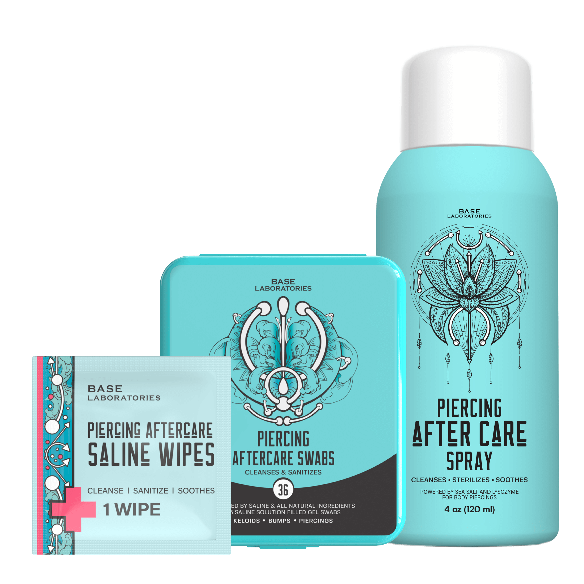 A travel kit with saline solution, cotton swabs, and antibacterial wipes, illustrating essential piercing care supplies for traveling.